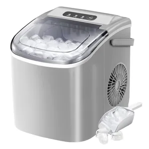 Portable countertop ice maker with a transparent lid, side fan for cooling, and a removable scoop with ice cubes.