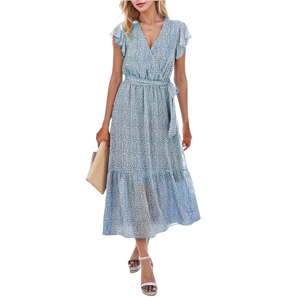 A woman is wearing a light blue, short-sleeve, V-neck, floral-patterned maxi dress with a tie waist. She's holding a beige clutch and wearing white sandals.