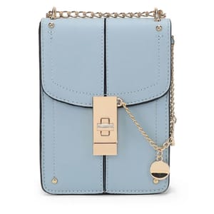 Light blue MKF crossbody bag with gold chain strap and clasp, featuring decorative stitching and a small, gold charm.