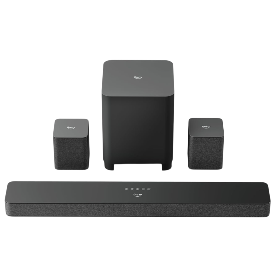 A home theater sound system set includes a soundbar, subwoofer, and two satellite speakers, all labeled \“fire tv.\“