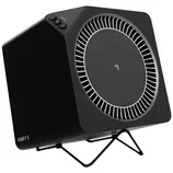 A black, cube-shaped air purifier with a circular vent on the front and control buttons on the top corner. It sits on a metal stand with \“PURIFY 5\“ labeled on the side.