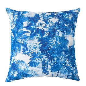 Square pillow with a blue and white floral pattern featuring leaves and flowers.