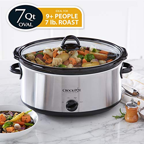 A 7-quart oval Crock-Pot with stainless steel exterior, black accents, a glass lid, and a setting dial, accompanied by a bowl of stew. Ideal for 9+ people and a 7 lb roast.