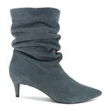 A teal suede slouch boot with a pointed toe and a low kitten heel.