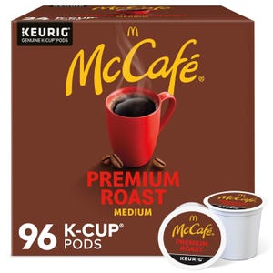 96-count McCafe Premium Roast Medium K-Cup pods for Keurig machines, featuring a rich coffee flavor. The packaging is brown with a red mug and coffee beans depicted on it.