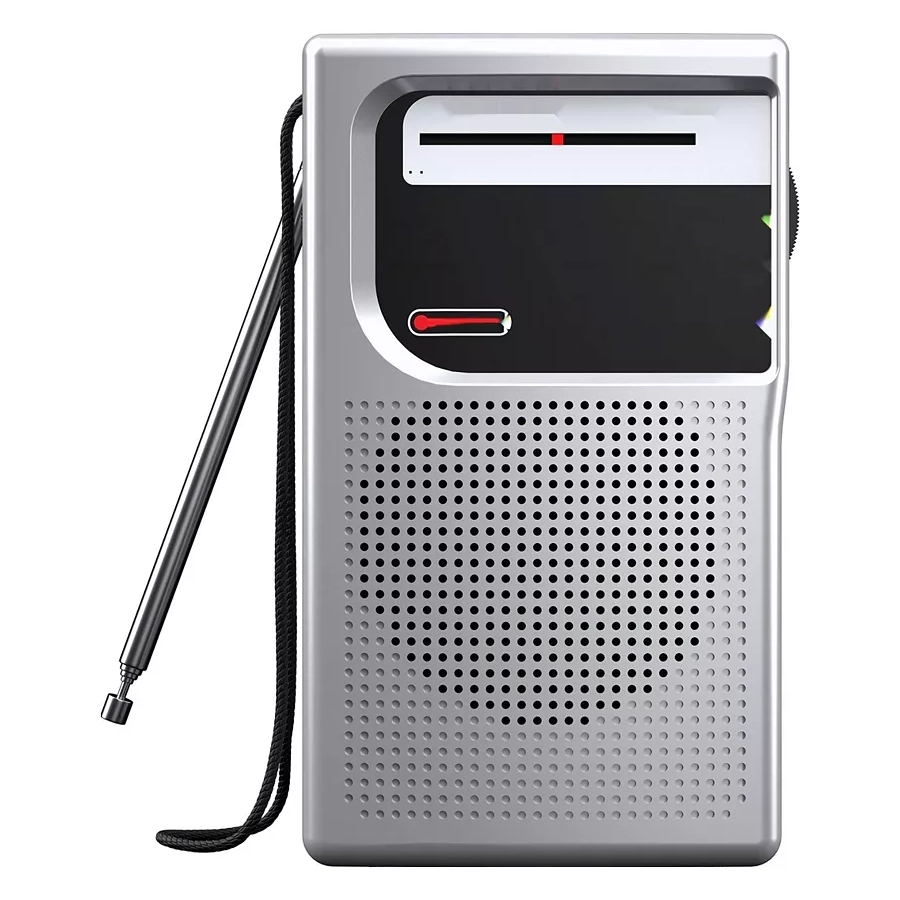 A portable voice recorder with a wrist strap and a perforated metal grille.