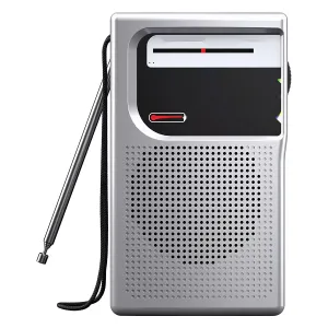 A portable voice recorder with a wrist strap and a perforated metal grille.