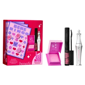 Benefit Bingo set includes a full-size mascara, eyebrow gel, blush, and comes with a tote bag. The packaging is pink and features a bingo card design.