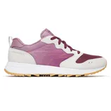 A Merrell sneaker with a purple, maroon, and white color scheme, featuring a white midsole and a gum outsole.