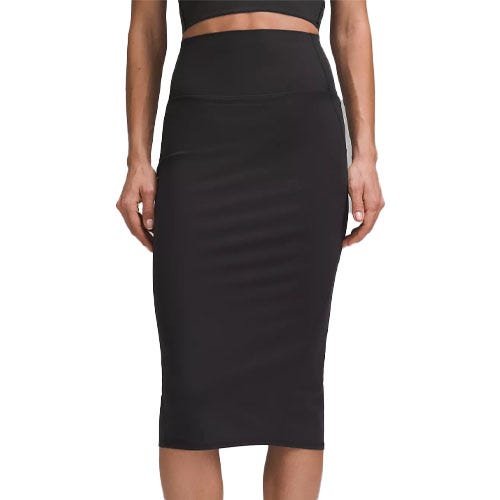 Black slim-fit, high-rise skirt featuring a knee-length design, seamless waistband, and a smooth, sleek fabric.