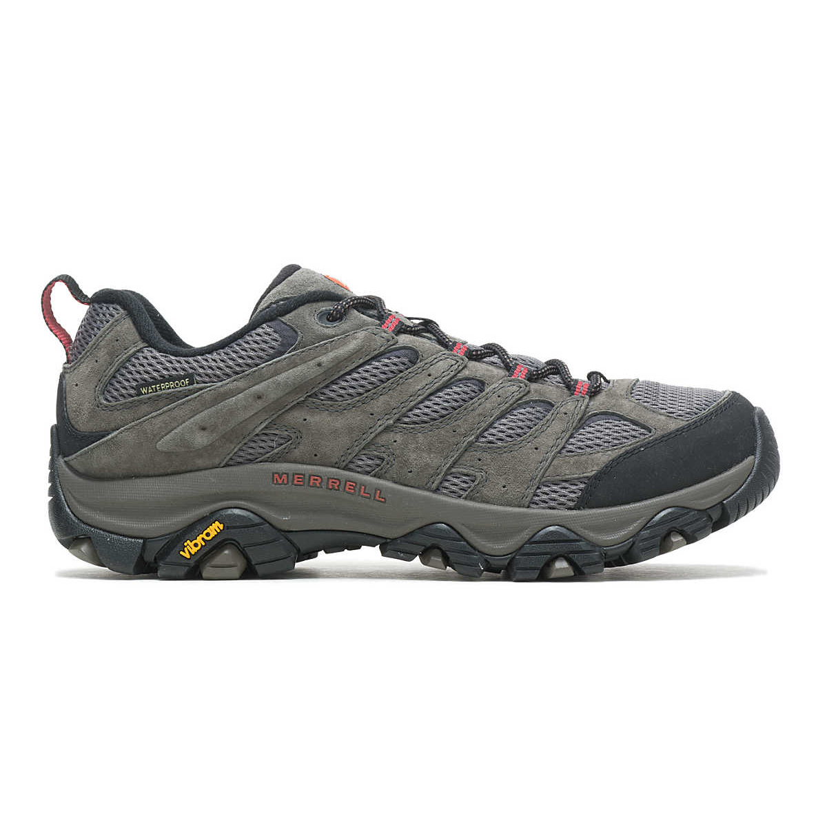 Merrell Moab 3 Waterproof Hiking Shoe in dark grey with red accents, features a Vibram sole for enhanced traction, waterproof construction, and durable mesh and suede upper for breathable comfort.