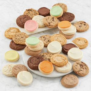 A variety of cookies are displayed, featuring different flavors and toppings, including chocolate chip, frosted, and plain options in assorted colors like pink, green, yellow, and orange on a white background.