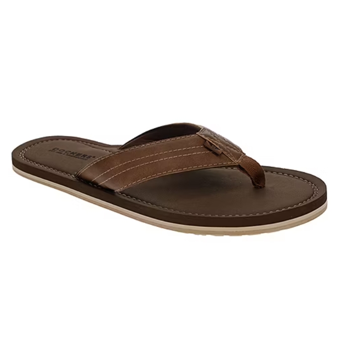 Brown flip-flop sandal with a leather-like strap, contrast stitching, and a cushioned footbed.