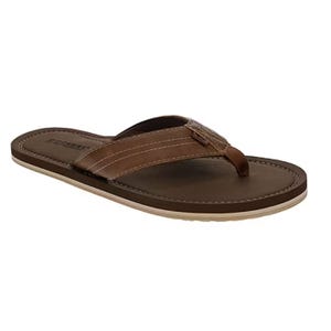 Brown flip-flop sandal with a leather-like strap, contrast stitching, and a cushioned footbed.