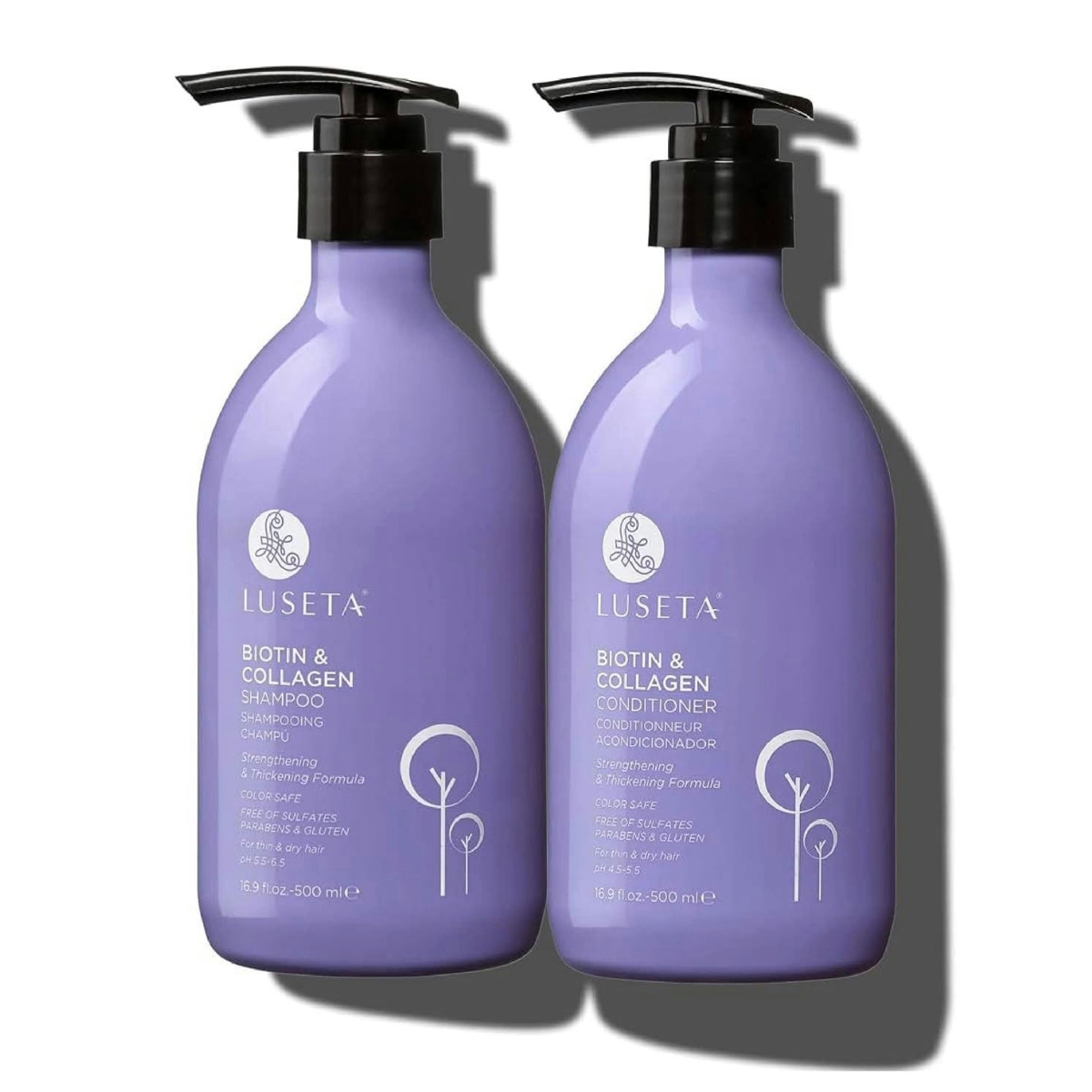 Two purple bottles labeled Luseta Biotin & Collagen, one shampoo and one conditioner, both with pump dispensers.