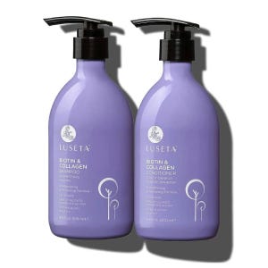Two purple bottles labeled Luseta Biotin & Collagen, one shampoo and one conditioner, both with pump dispensers.