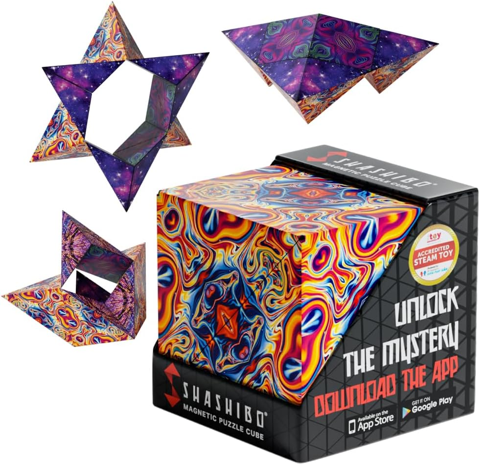 Shashibo Magnetic Puzzle Cube featuring vibrant, patterned surfaces that transform into various geometric shapes. Includes app compatibility for enhanced play.