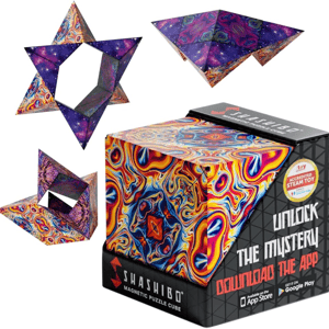 Shashibo Magnetic Puzzle Cube featuring vibrant, patterned surfaces that transform into various geometric shapes. Includes app compatibility for enhanced play.