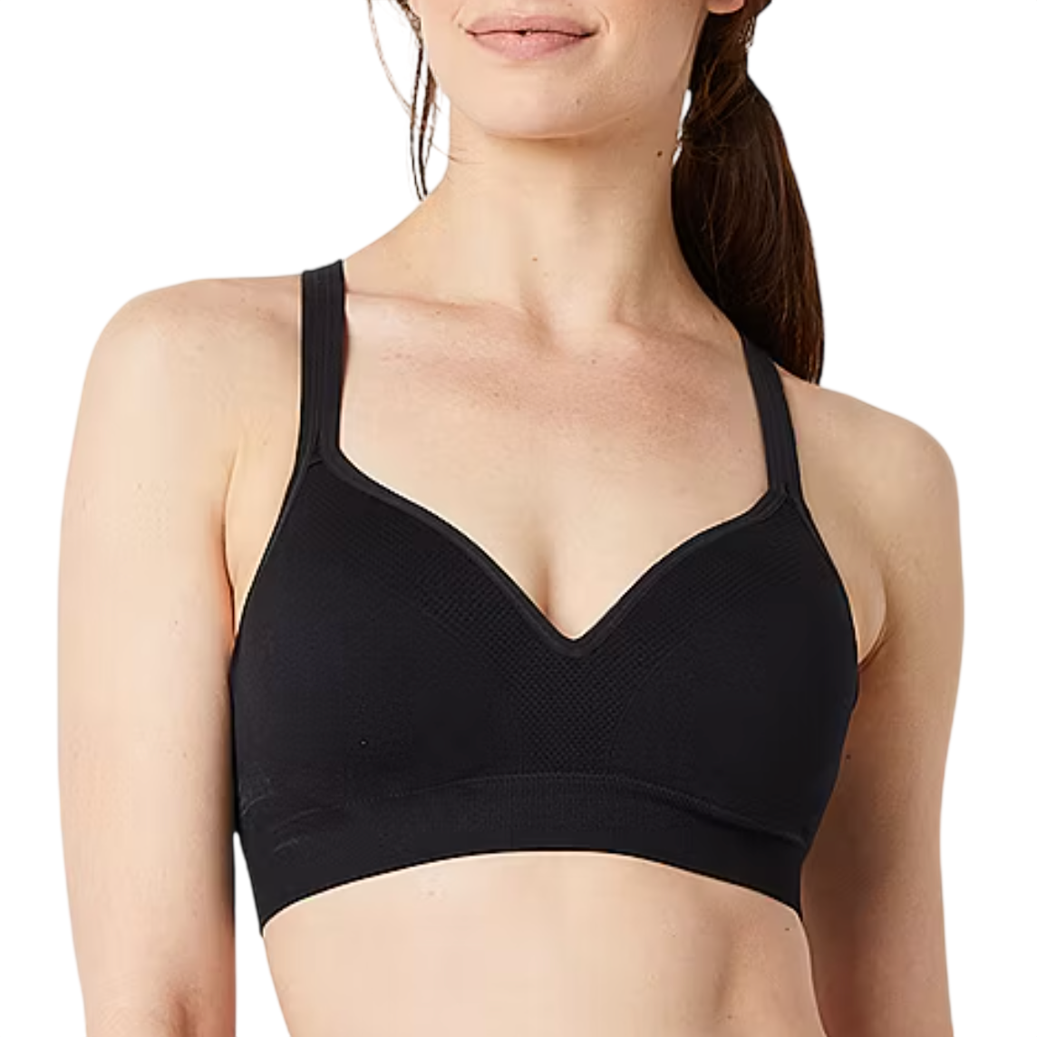 A woman is wearing a black sports bra with a V-neck design and wide straps.