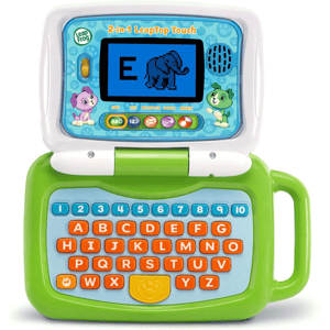 LeapFrog 2-in-1 LeapTop Touch for kids with ABC, 123, messages, games, and music features, showcasing an elephant illustration next to the letter \“E\“.