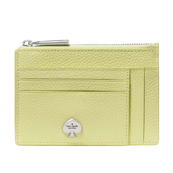 A light green leather cardholder with a zippered compartment, multiple card slots, and a metallic spade logo.