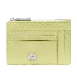 A light green leather cardholder with a zippered compartment, multiple card slots, and a metallic spade logo.