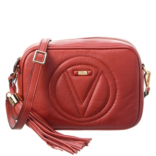 Valentino Mia Crossbody in red leather features a quilted \“V\“ logo design, a detachable shoulder strap, gold-tone hardware, and a tassel accent.