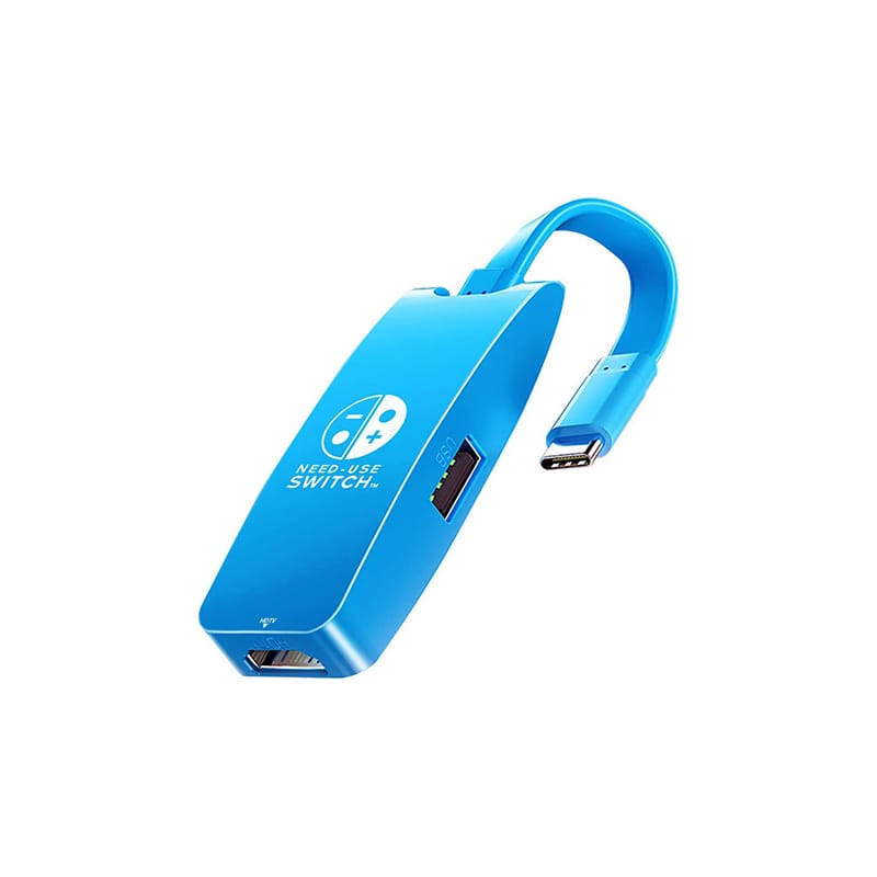 Blue USB-C to USB-A and HDMI adapter with a Nintendo Switch logo.