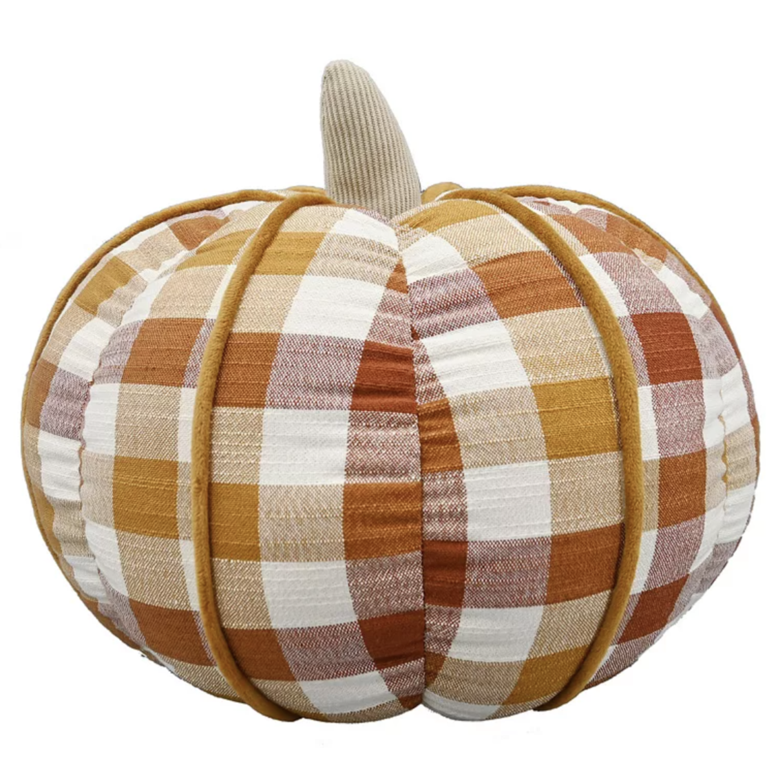 A plush pumpkin-shaped decor item with a gingham pattern in warm shades, featuring a textured fabric stem.