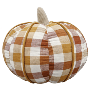 A plush pumpkin-shaped decor item with a gingham pattern in warm shades, featuring a textured fabric stem.
