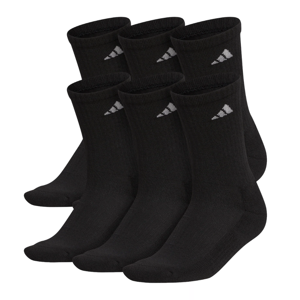 A set of six black crew socks featuring a white triangular logo near the top.
