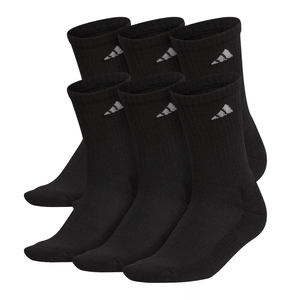 A set of six black crew socks featuring a white triangular logo near the top.