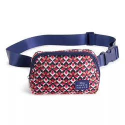 Minnie Mouse-themed fanny pack with a floral pattern, featuring a blue adjustable strap and zippered closure.