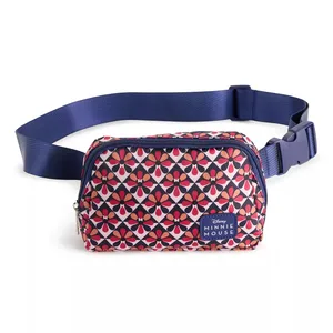 Minnie Mouse-themed fanny pack with a floral pattern, featuring a blue adjustable strap and zippered closure.