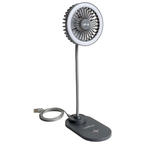 A USB-powered desk fan with a flexible neck and a circular design, featuring a central fan surrounded by a light ring. The base has \“veho\“ branding and a \“+\“ symbol.