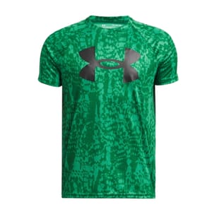 Green short-sleeve athletic shirt with a black Under Armour logo and an abstract pattern.