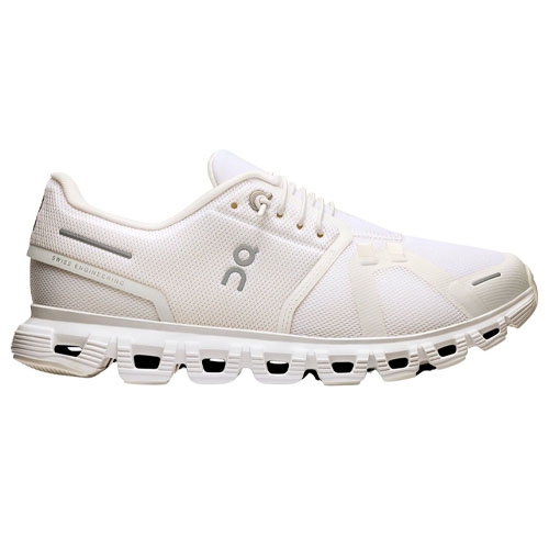 White athletic shoe with distinctive sole design and \“ON\“ logo on the side, featuring a breathable mesh upper and lace-up closure.