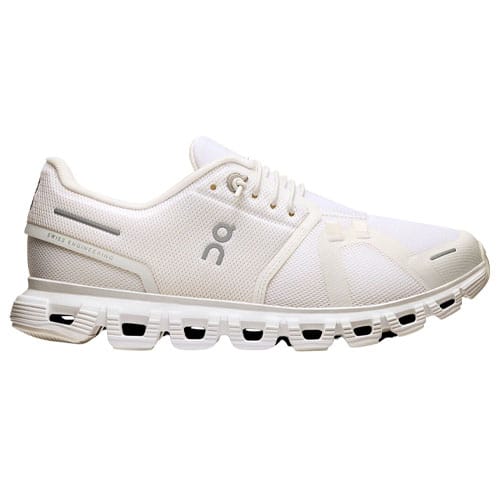 White athletic shoe with distinctive sole design and \“ON\“ logo on the side, featuring a breathable mesh upper and lace-up closure.