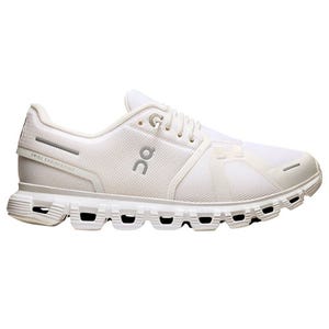 White athletic shoe with distinctive sole design and \“ON\“ logo on the side, featuring a breathable mesh upper and lace-up closure.