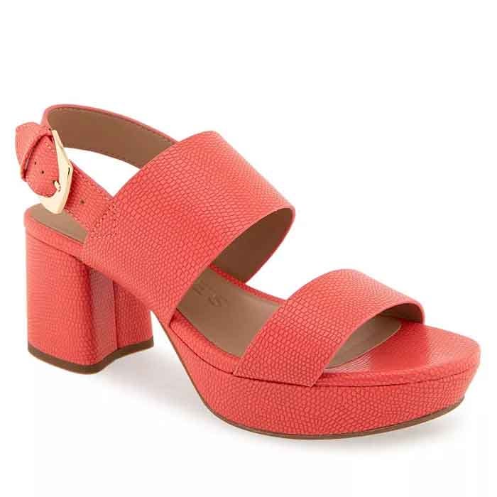 Aerosoles Camilia Platform Sandals feature a coral-colored, textured design with a wide strap, block heel, and ankle strap with a gold buckle.