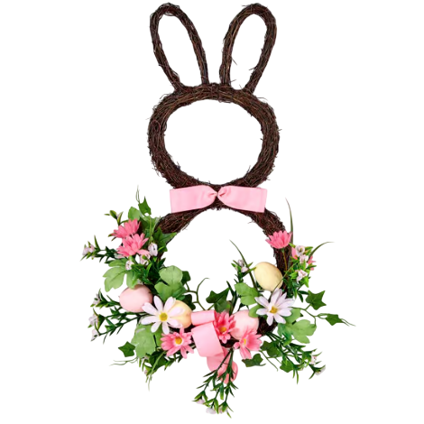 A decorative wreath shaped like a bunny with two pink bows, adorned with pink flowers, greenery, and small eggs.