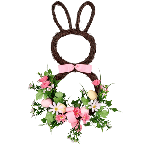 A decorative wreath shaped like a bunny with two pink bows, adorned with pink flowers, greenery, and small eggs.