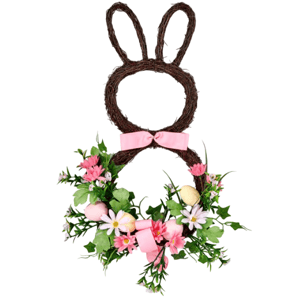 A decorative wreath shaped like a bunny with two pink bows, adorned with pink flowers, greenery, and small eggs.