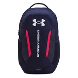 A navy Under Armour backpack with white and pink accents, featuring the brand's logo and \“UNDER ARMOUR\“ text on the front.