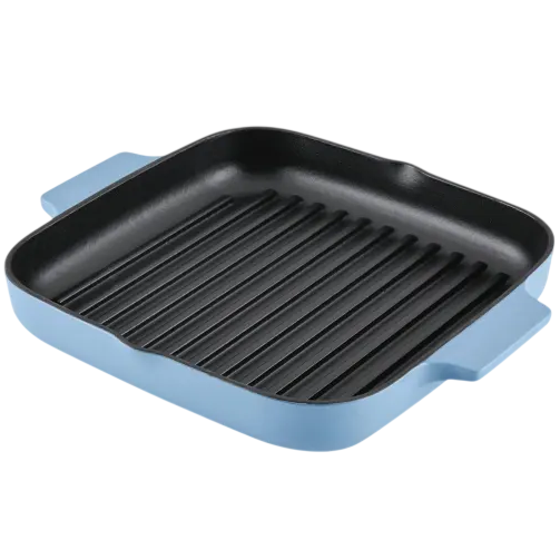 A blue square grill pan with raised ridges and dual handles.