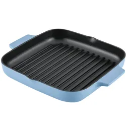 A blue square grill pan with raised ridges and dual handles.
