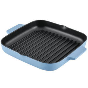 A blue square grill pan with raised ridges and dual handles.