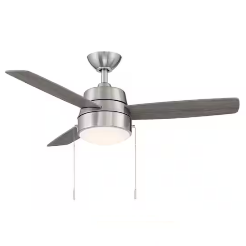 A modern ceiling fan with three blades, a central light fixture, and pull chains. The fan has a sleek, metallic finish.