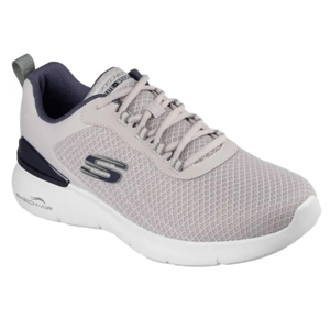 A light gray Skechers sneaker featuring a mesh upper with lace-up closure, navy accents, and a white sole labeled with \“Skech-Air\“.