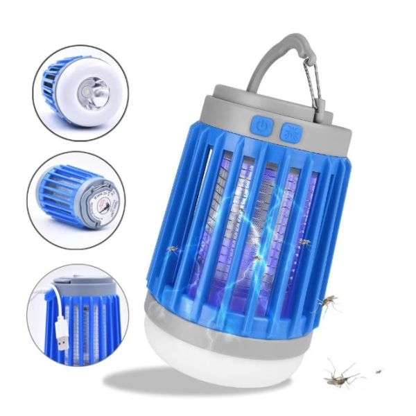 A blue electric mosquito zapper and lantern with a USB charging port, featuring a top hook for hanging and a light indicator with power buttons.